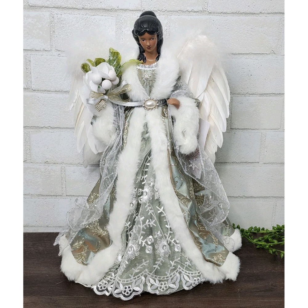 Angel Tree Topper Olive Green Christmas Figure 16" Tabletop Feather Wings Floral